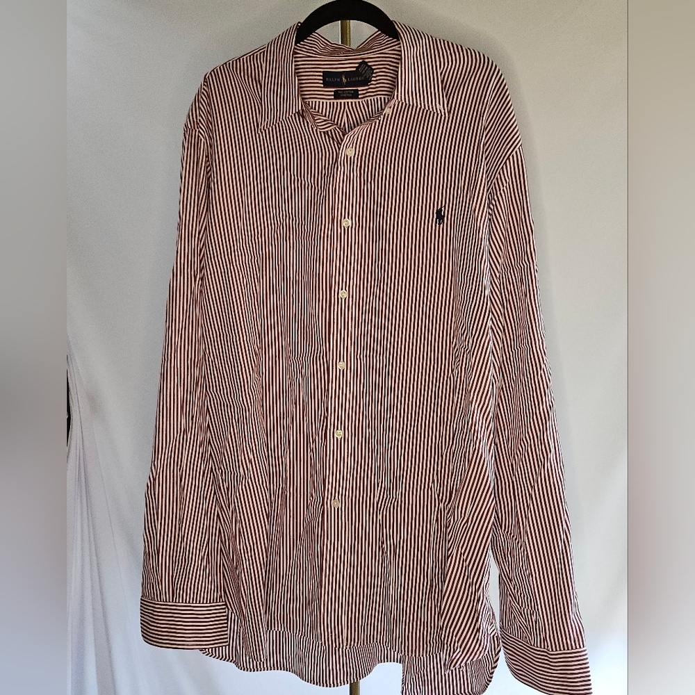 Ralph Lauren Classic Fit Red & White Striped Long Sleeve Button Down Shirt